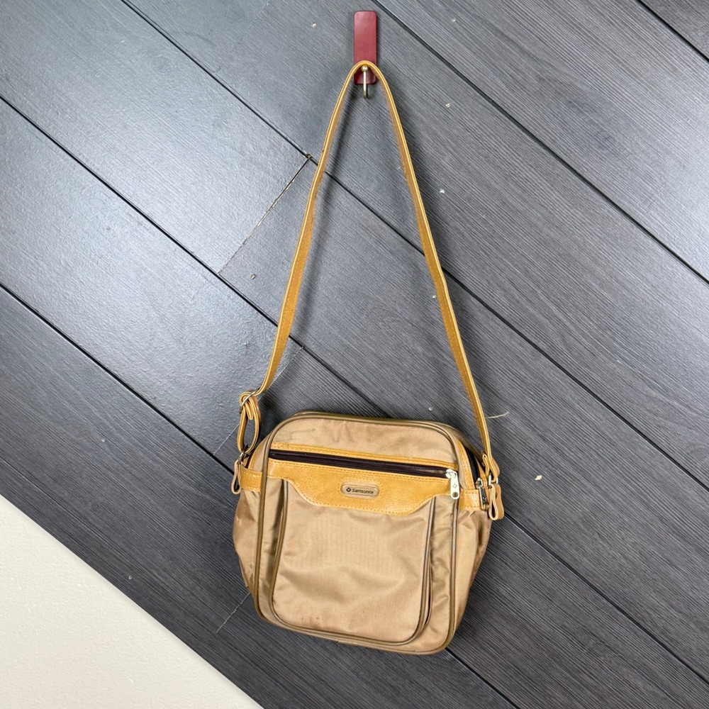 Samsonite Vintage Tan Nylon Crossbody Shoulder Bag Multi Pocket Travel Y2K